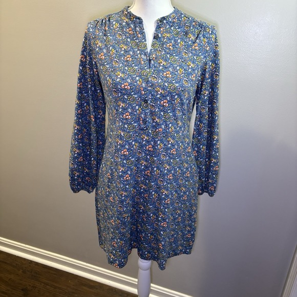 Boden Dresses & Skirts - Boden Jersey Shirt Mini Dress Women's 4P Blue Floral Long Sleeve Pockets Buttons